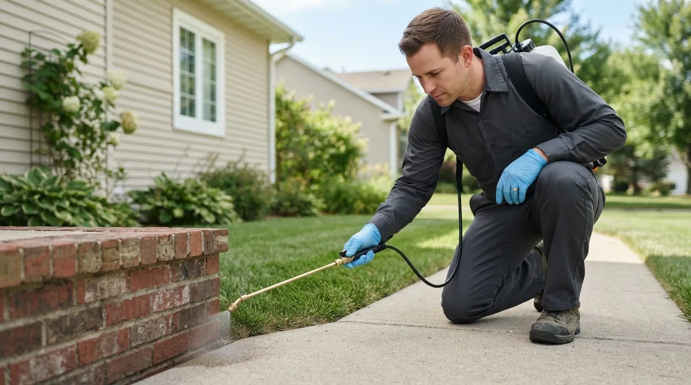 Pest control technician treating a home near Craigville, IN