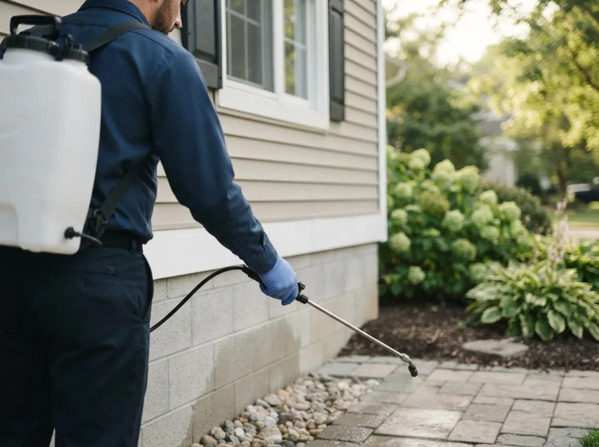 Pest control technician inspecting a home in Craigville, IN
